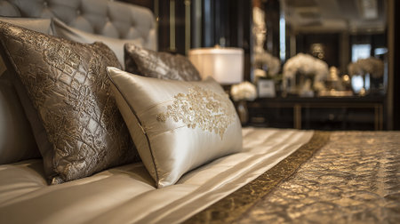 Luxurious Bedroom Interior Featuring Decorative Pillows and Elegant Design Elementsの素材
