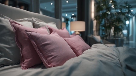 Serene Bedroom Interior With Soft Pink Pillows and Luxurious Bedding Displayed Nicelyの素材