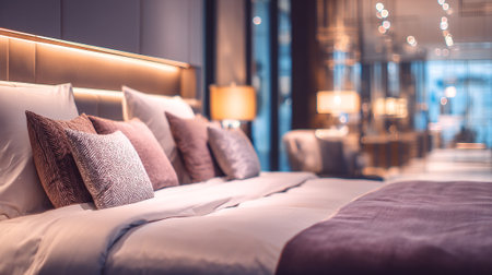 Warm and inviting bedroom scene with plush pillows and subtle lighting effectsの素材