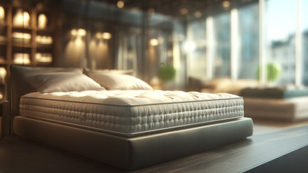 Luxurious Bedroom Featuring Premium Mattress and Serene Interior Design Elementsの素材