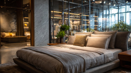 Elegance in repose: Bedroom interior featuring a well-appointed bed and wardrobeの素材