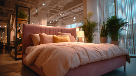 Elegant Pink Bed with Stylish Pillows in Modern, Well-Lit Interior Spaceの素材