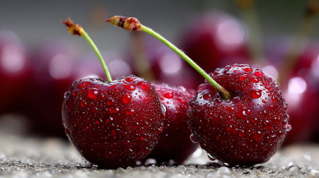 Wet and Tempting: A Group of Fresh Red Cherries with Water Dropletsの素材