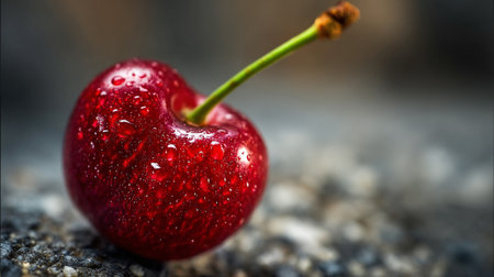 Luscious red cherry with fresh water droplets resting on textured surfaceの素材