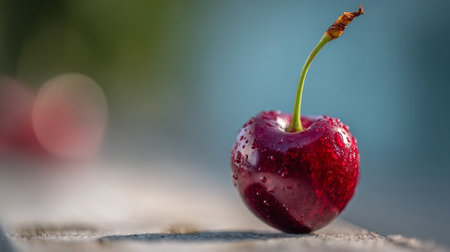 Luscious wet cherry with vibrant colors on a textured wooden surfaceの素材