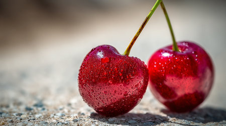Two vibrant, juicy cherries with fresh water droplets, outdoors on a stone surface.の素材
