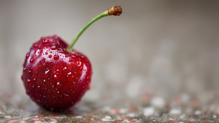 Ripe red cherry covered with water droplets against blurry background.の素材