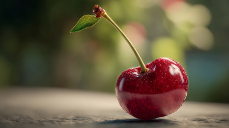 Single ripe cherry with dew drops gleaming against a blurred background.の素材