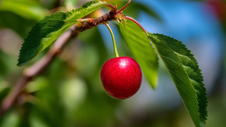 A single ripe cherry, hanging gracefully, showcasing nature's delicious simplicity.の素材