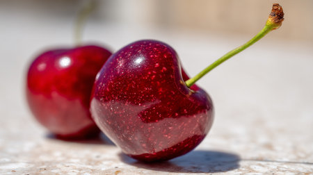 Two dark red cherries on a neutral surface, ripe and delicious.の素材