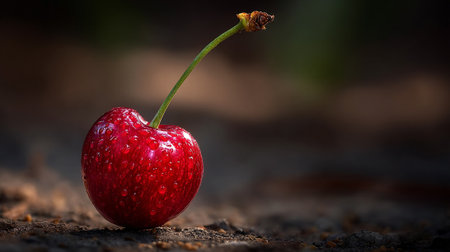 A vibrant red cherry with water droplets shines against a natural background.の素材