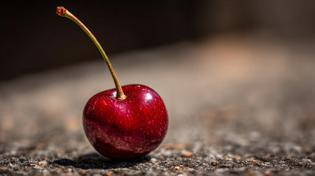 Solitary cherry rests on textured surface, a dark, blurred background emergesの素材