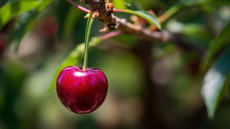 Ripe red cherry hanging from a tree branch, a taste of summerの素材