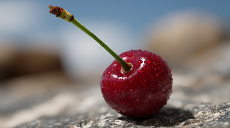 Fresh Red Cherry With Water Droplets on Granite Stone Surface Outdoorsの素材