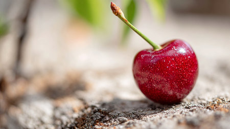 Single fresh cherry with stem on rustic wooden background creates a vibrant contrastの素材