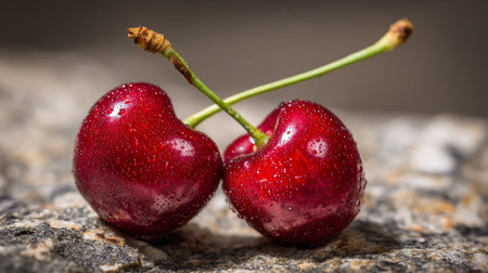 Luscious Red Cherries with Fresh Water Droplets on a Textured Surfaceの素材