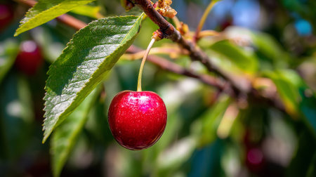 Ripe cherry hanging from a tree branch in a summer garden.の素材