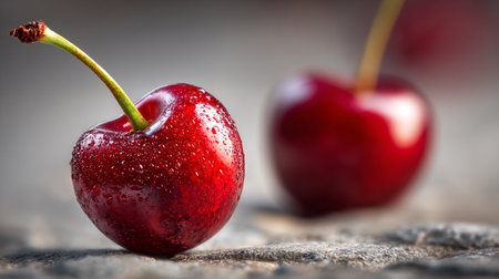 Luscious ripe cherries glistening with water droplets on a textured surface.の素材