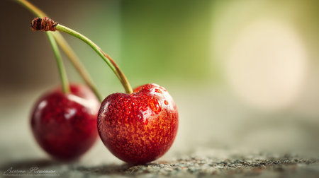Fresh, Ripe Cherries with Water Droplets on a Textured Surfaceの素材