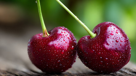 Luscious Deep Red Cherries: A Fresh and Dewy Summer Delightの素材