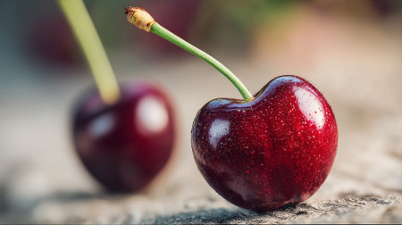 Two Fresh Cherries with Stems Displayed in a Detailed Macro Shotの素材
