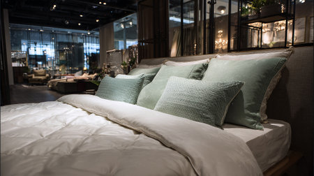 Elegant bedding with green accent pillows in a modern bedroom interior.の素材