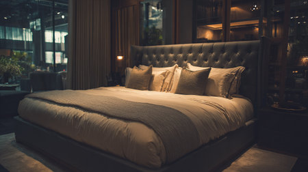 Elegant master bedroom suite with tufted headboard and upscale hotel ambienceの素材