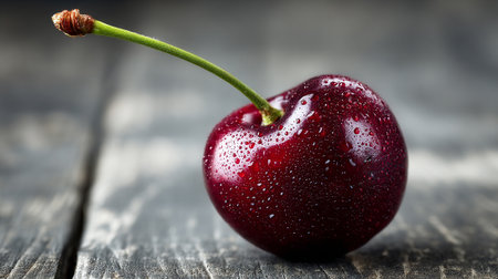 One fresh and juicy ripe cherry with stem and water droplets.の素材