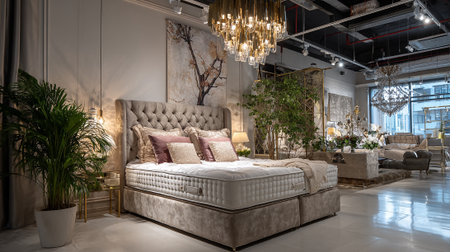 Luxurious Bedroom Interior Featuring a Tufted Headboard and Statement Chandelierの素材