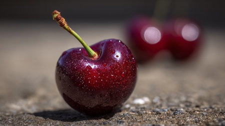 Ripe Cherries with Stem, Beautiful Still Life Food Photography, Detailed Macro Viewの素材