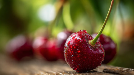 Freshly Picked Ripe Cherries with Water Droplets on Rustic Wooden Surfaceの素材