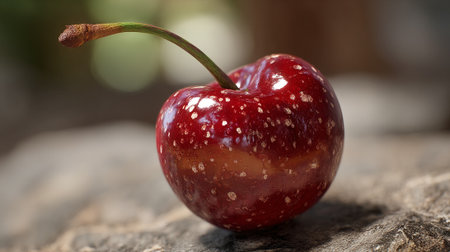 Ripe Red Cherry with Stem on Rustic Surface, Natural Light.の素材