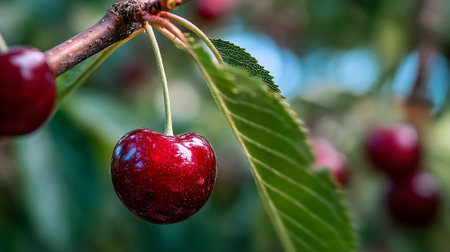Luscious Cherries Hanging on the Branch: A Delicious and Tempting Fruitの素材