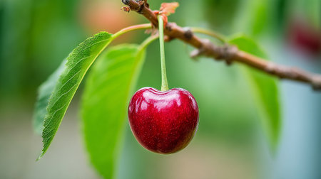 A Perfect Red Cherry Hanging on a Branch in Summer Gardenの素材