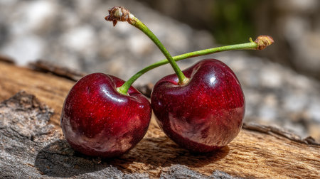 Two Ripe Cherries Intertwined on a Weathered Wood Surface in Summerの素材