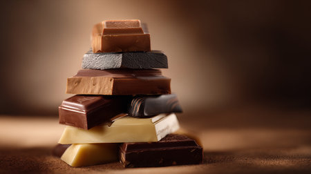 Tempting Tower: A Decadent Stack of Diverse Chocolate Bars on Brown Surfaceの素材
