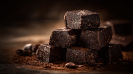 Decadent dark chocolate stack with cocoa powder dusting for a luxurious treat.の素材