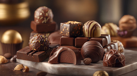 Exquisite chocolate arrangement featuring decadent pralines, truffles, and bars on a marble surfaceの素材