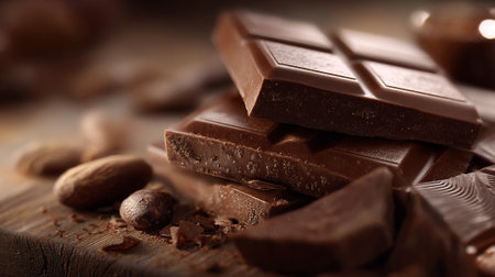 Decadent dark chocolate chunks elegantly stacked on rustic wooden surface creating indulgence.の素材