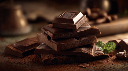 Decadent dark chocolate squares stacked with refreshing mint sprigs on a rustic surface.の素材