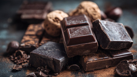 Delectable dark chocolate pieces in an artistic arrangement, showcasing rich dessert flavors.の素材