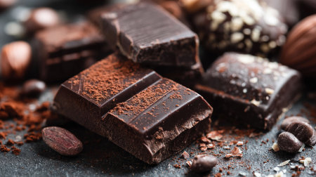 Dark Chocolate Indulgence: A Tempting Arrangement of Rich Chocolate Pieces and Cocoaの素材