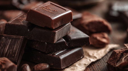 Decadent dark chocolate squares stacked high in delicious, tempting pileの素材