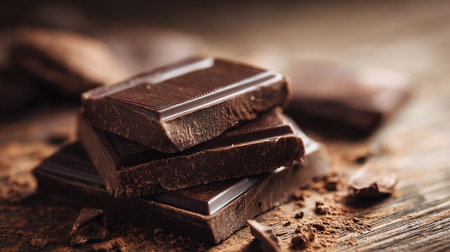 Delicious Dark Chocolate Stack on Wooden Surface, Rich Indulgence, Decadent Dessertの素材