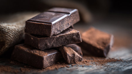Delicious Dark Chocolate Chunks Stacked on Rustic Wooden Surface Backgroundの素材