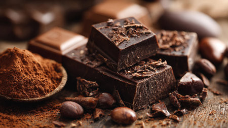 Decadent dark cocoa squares with rich chocolate powder, irresistible indulgence.の素材