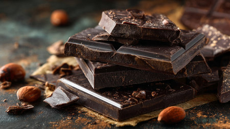 Decadent dark chocolate pieces elegantly stacked with scattered nuts on a textured surfaceの素材