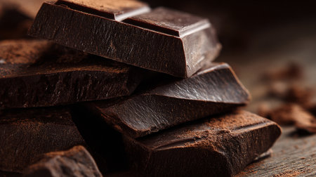 Decadent dark chocolate squares piled high, a confectionary dream come true.の素材