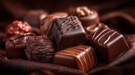 Decadent chocolate pralines stacked beautifully on soft brown fabric creating delicious temptation.の素材