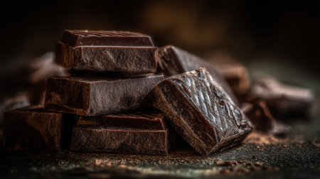 Decadent dark chocolate chunks stacked high, a rich and sweet confectionery treat.の素材